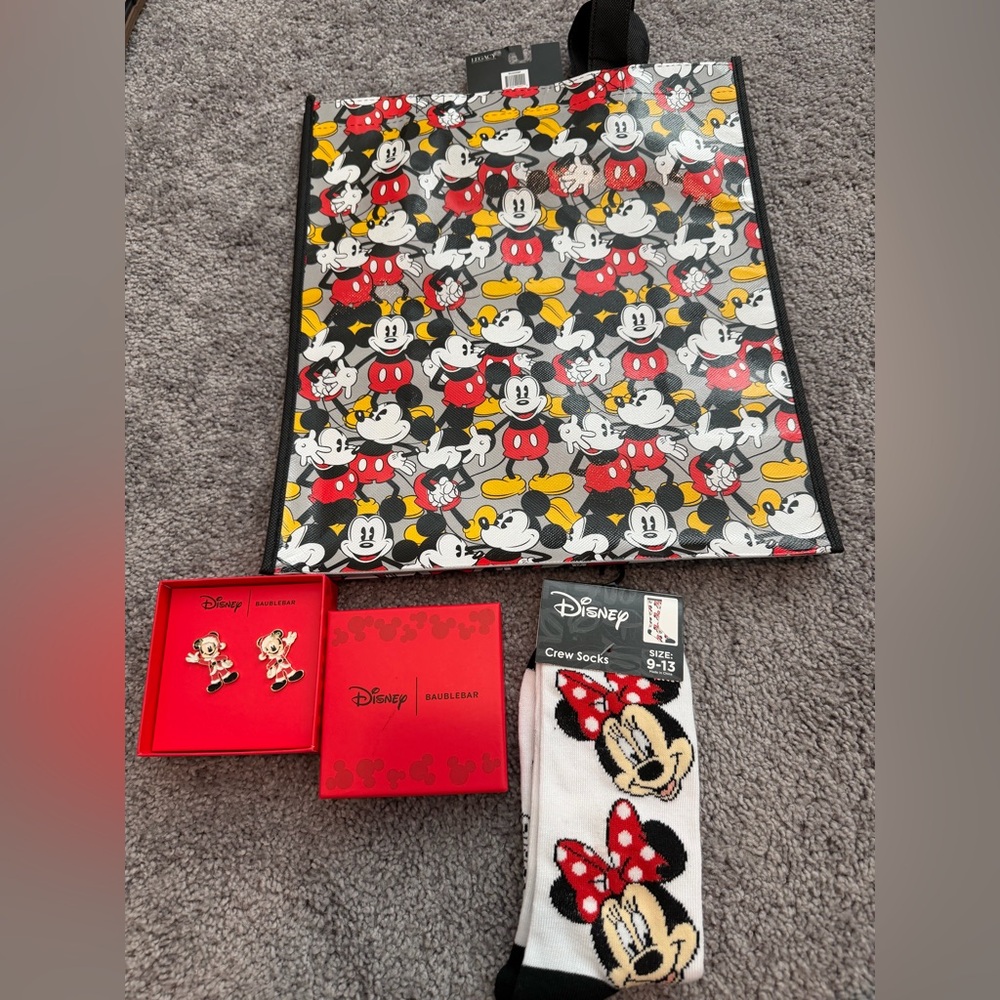 Disney Baublebar Mickey Mouse Christmas Earrings, Socks & tote Bag W/handles
